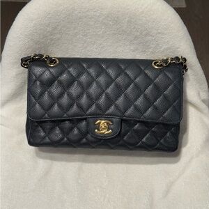 Authentic CHANEL Black Quilted Caviar Leather Flap Bag with Gold Hardware